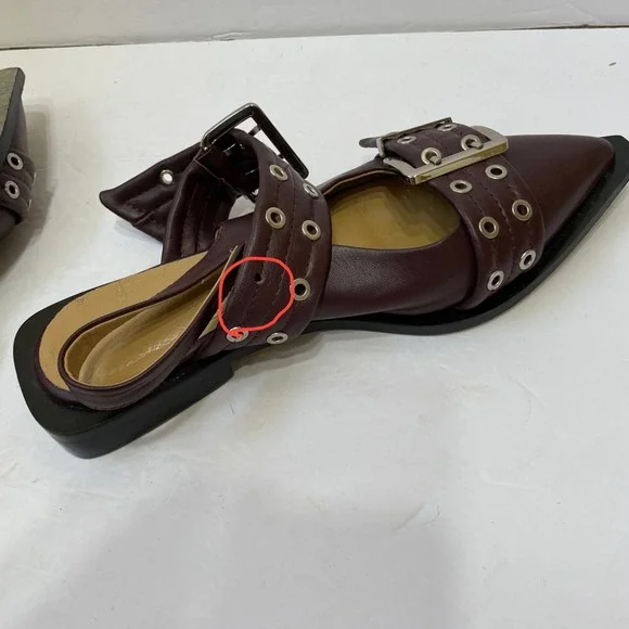 GANNI FEMININE STUDDED BUCKLE BALLERINA FLATS IN BURGUNDY VEGAN LEATHER - Picture 10 of 10